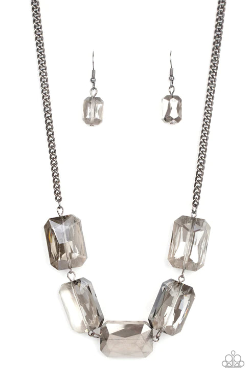 Heard It On The HEIR-Waves - Oversized Black Smoky Icy Iridescent Emerald Cut Link Necklace N#3260