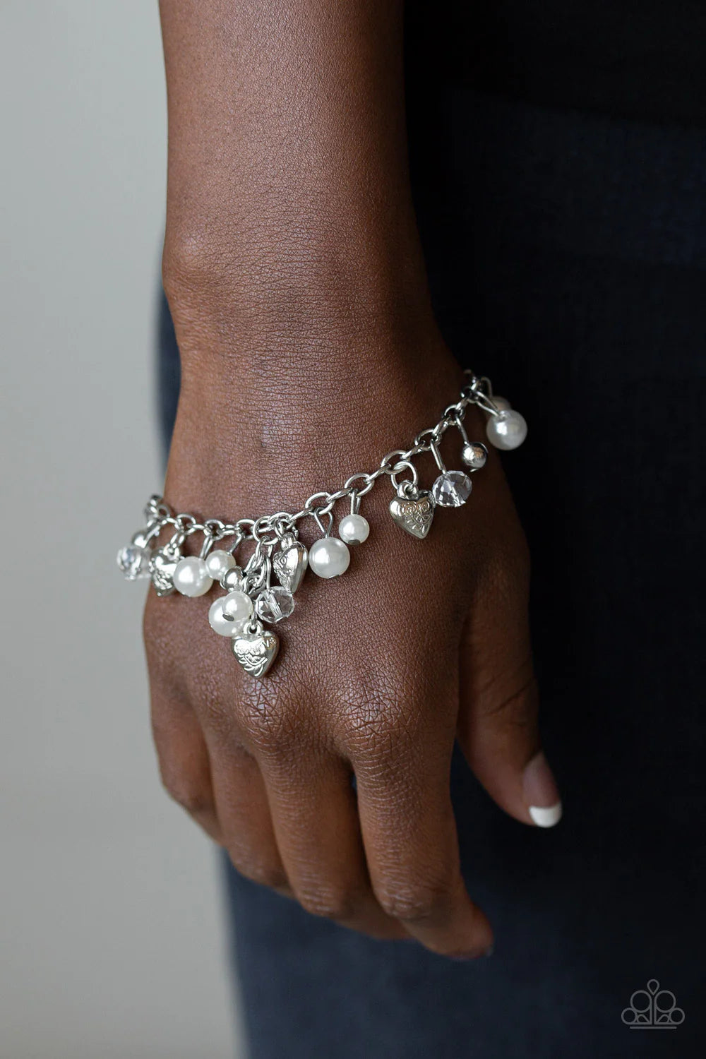 Heart Haven - White Pearl Heart Crystal Charm Fringe Bracelet B#7063