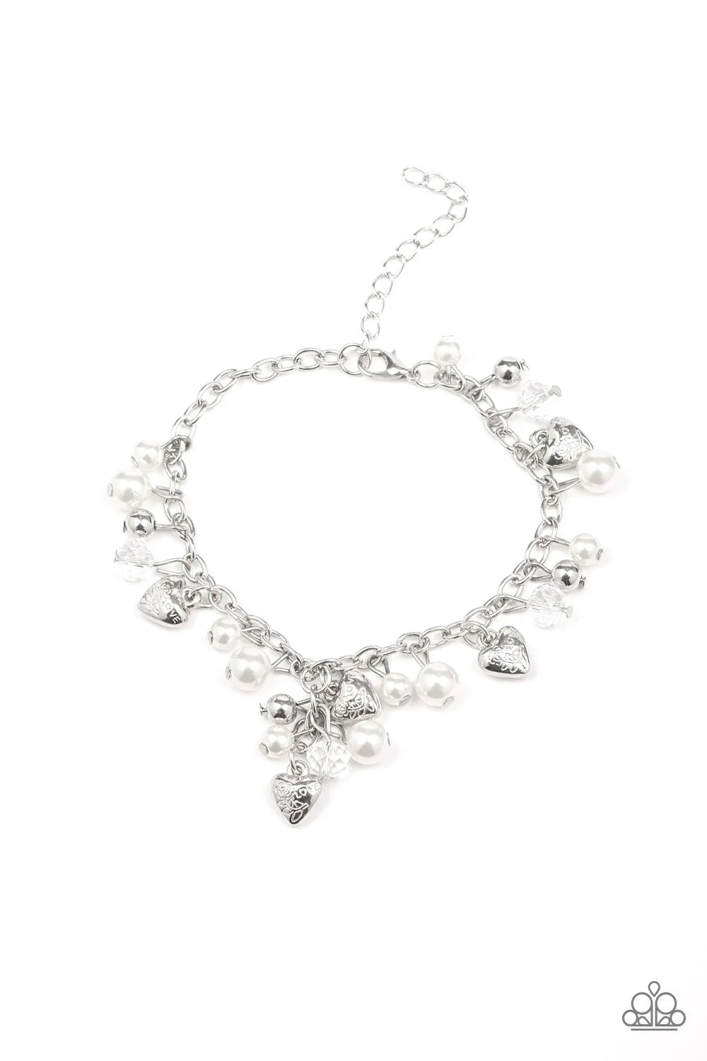 Heart Haven - White Pearl Heart Crystal Charm Fringe Bracelet B#7063