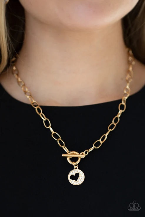 Heartbeat Retreat - Gold Radiating Encrusted Airy 3D Cut Out Heart Pendant Tiffany Clasp Necklace N#4107