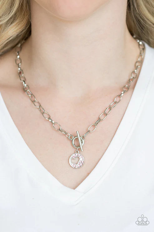 Heartbeat Retreat - Pink Radiating Encrusted Airy 3D Cut Out Heart Pendant Tiffany Clasp Necklace N#3067