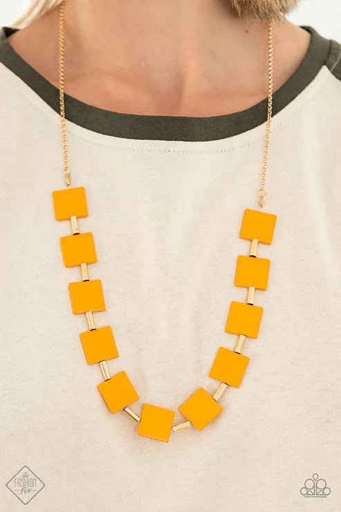 Hello, Material Girl - Gold/Marigold Orange Geometric Squared Flare Out Cylinder Accent Necklace N#5006