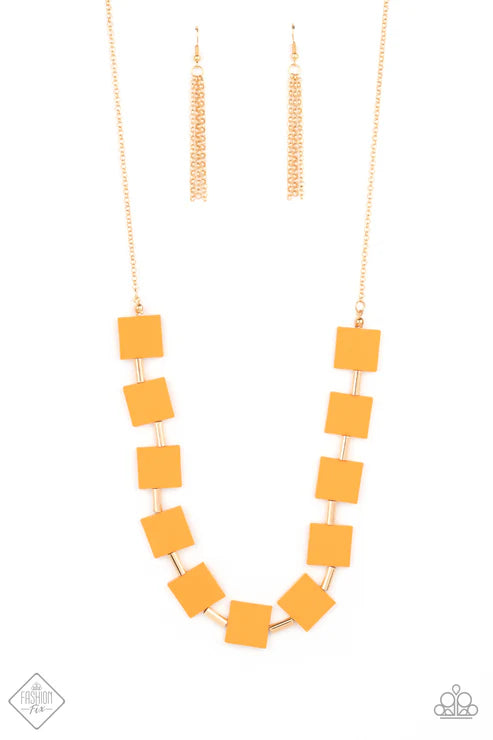 Hello, Material Girl - Gold/Marigold Orange Geometric Squared Flare Out Cylinder Accent Necklace N#5006