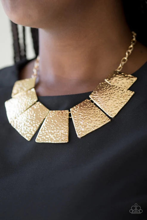 Here Comes The Huntress - Oversized Gold Flared Hammered Plate Necklace N#5872