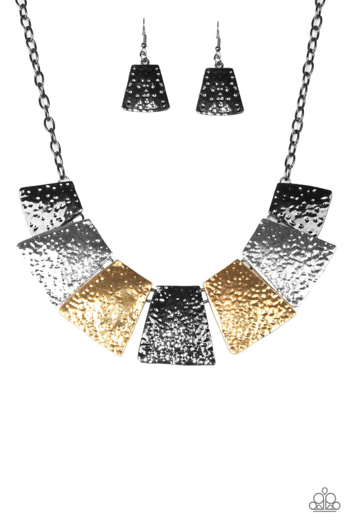 Here Comes The Huntress - Oversized Multi (Gunmetal/Silver/Gold) Flared Hammered Plate Necklace N#3835