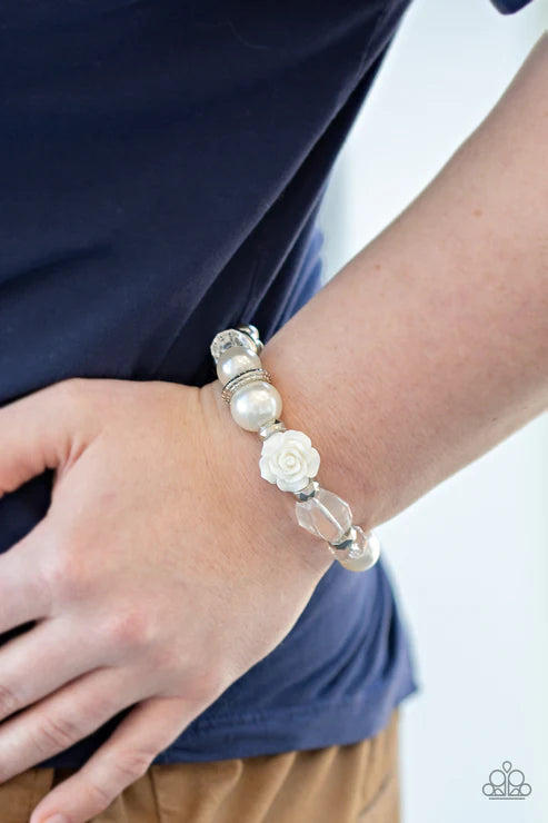 Here I Am - Oversized White Pearl 3D Resin Rose Crystal Accent Bracelet B#5393