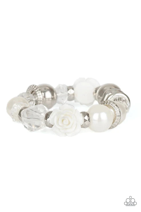 Here I Am - Oversized White Pearl 3D Resin Rose Crystal Accent Bracelet B#5393