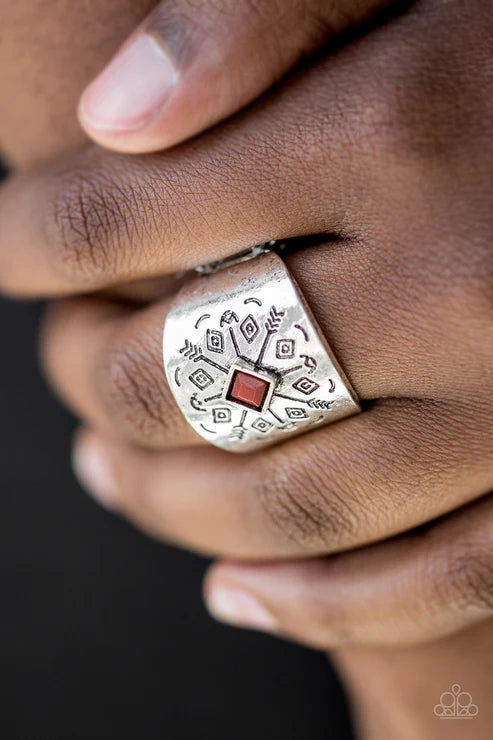 Here Today, Gone Tom-ARROW - Oversized Brown Stamped Arrow Faceted Tribal Ring R#6426