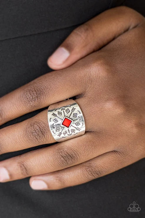 Here Today, Gone Tom-ARROW - Oversized Red Stamped Arrow Faceted Tribal Ring R#6313