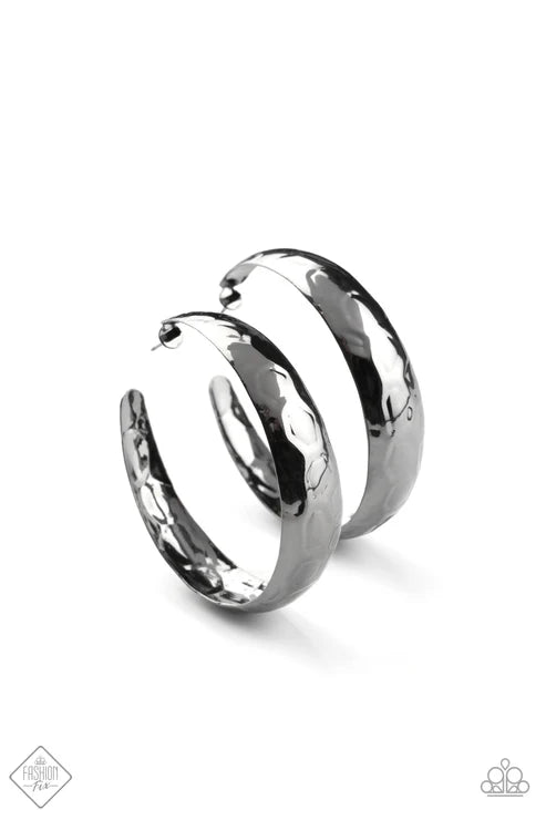 Hey, HAUTE-Shot - Oversized Gunmetal Hammered Shimmer Curled Gritty Exaggerated Hoop Earrings E#6718