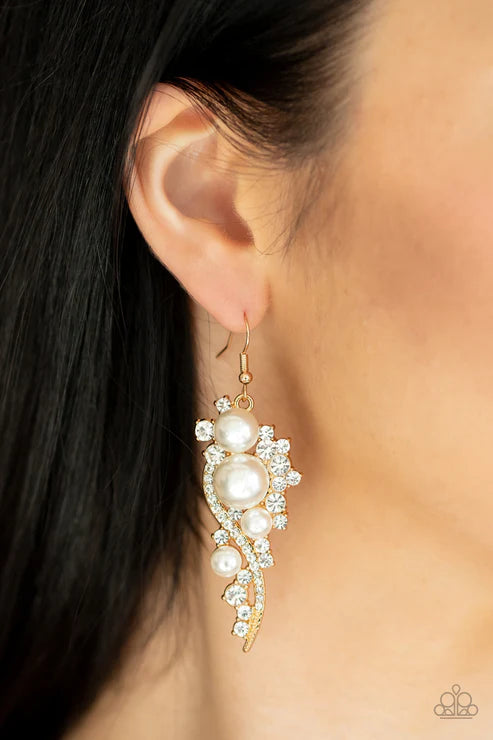 High-End Elegance - Oversized Bubbly Gold Pearl Interwoven Ribbon Encrusted Earrings E#3379