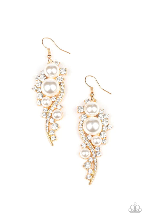 High-End Elegance - Oversized Bubbly Gold Pearl Interwoven Ribbon Encrusted Earrings E#3379