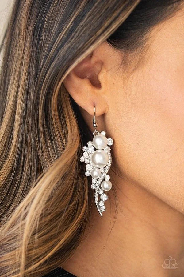 High-End Elegance - Oversized Bubbly White Pearl Interwoven Ribbon Encrusted Earrings E#6889