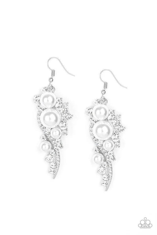 High-End Elegance - Oversized Bubbly White Pearl Interwoven Ribbon Encrusted Earrings E#6889