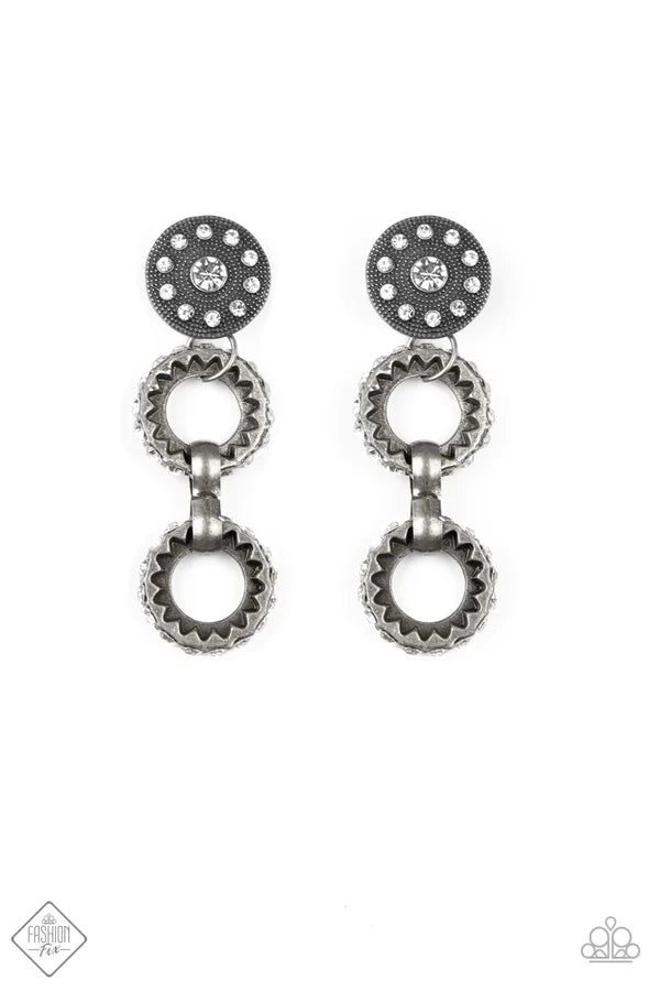 High Tech - Oversized White/Gritty Tin Studded Encrusted Ring Link Industrial Earrings E#7179