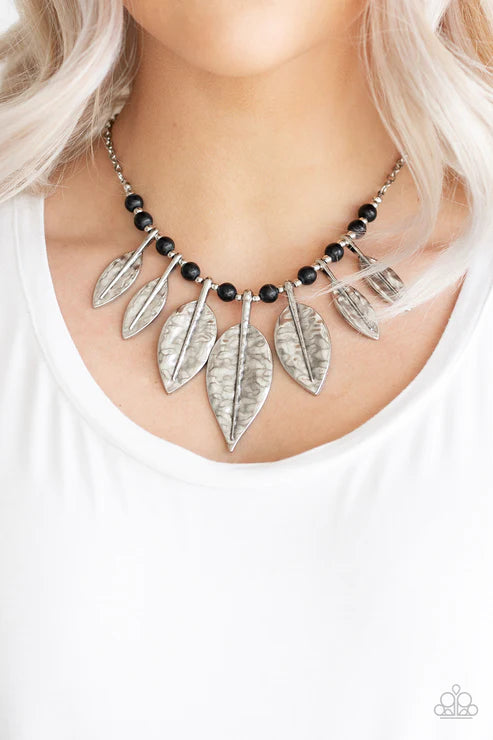 Highland Harvester - Oversized Black 3D Leafy Hammered Stone Necklace N#2745