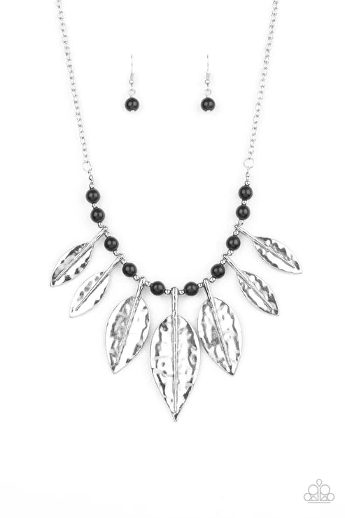 Highland Harvester - Oversized Black 3D Leafy Hammered Stone Necklace N#2745