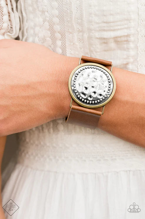 Hold On To Your Buckle - Brown Bordered Brass Hammered Silver Buckle Frame Leather Rustic Adjustable Snap Closure Bracelet B#7433