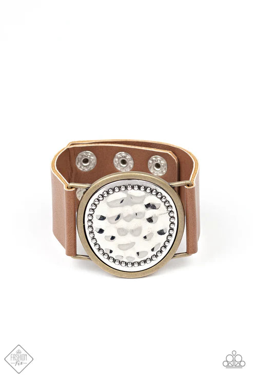 Hold On To Your Buckle - Brown Bordered Brass Hammered Silver Buckle Frame Leather Rustic Adjustable Snap Closure Bracelet B#7433