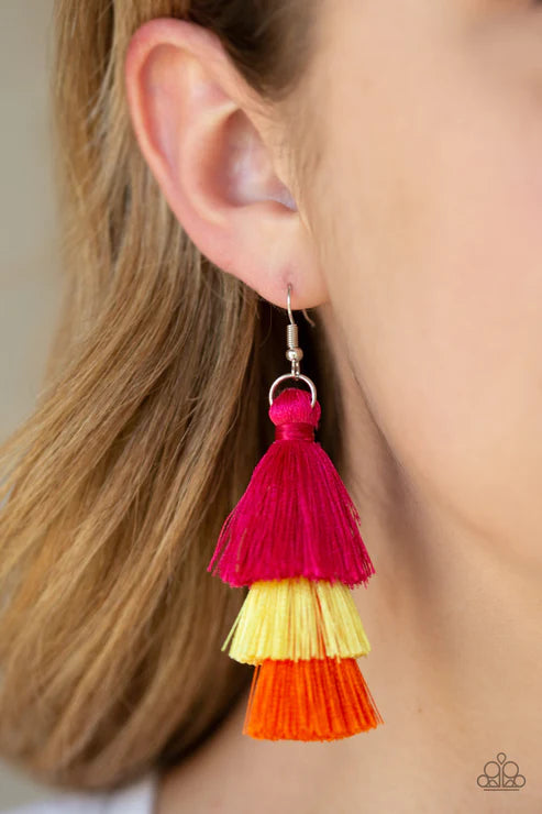Hold On To Your Tassel! - Oversized Multi (Pink/Yellow/Orange) 3-Tiered Thread Tassel Earrings E#2871