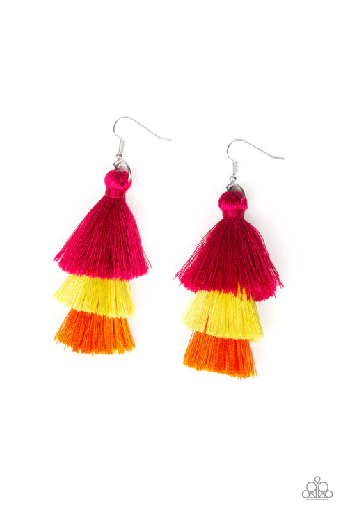 Hold On To Your Tassel! - Oversized Multi (Pink/Yellow/Orange) 3-Tiered Thread Tassel Earrings E#2871