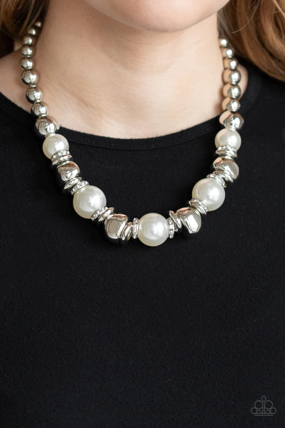Hollywood HAUTE Spot - Oversized White Pearl Asymmetrical Encrusted Ring Accent Necklace N#7064