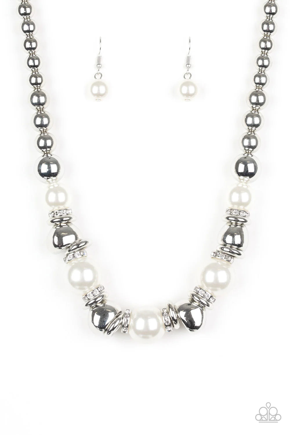 Hollywood HAUTE Spot - Oversized White Pearl Asymmetrical Encrusted Ring Accent Necklace N#7064