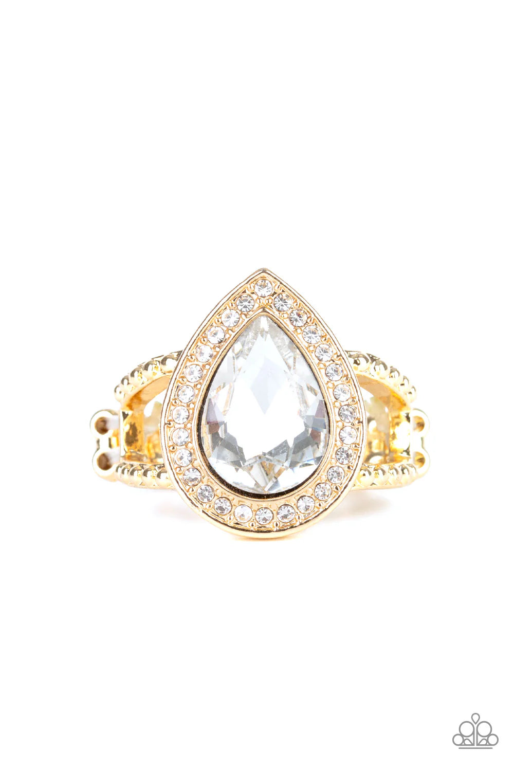 Hollywood Heirloom - Oversized Gold White Teardrop Gem Frame Encrusted Frame Ring R#7074