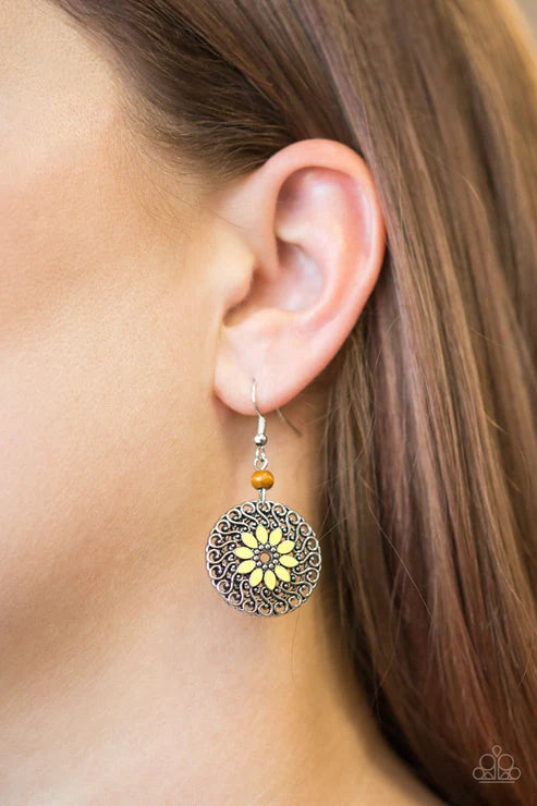 Honolulu Harmony - Yellow Floral Filigree Wooden Earrings E#3796
