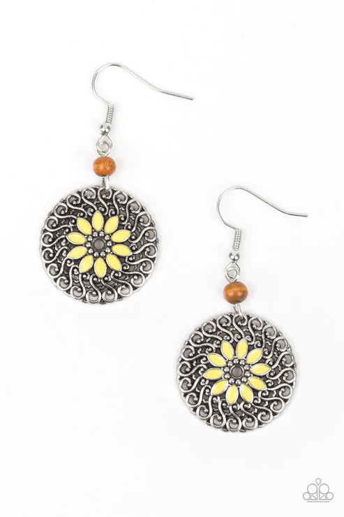 Honolulu Harmony - Yellow Floral Filigree Wooden Earrings E#3796