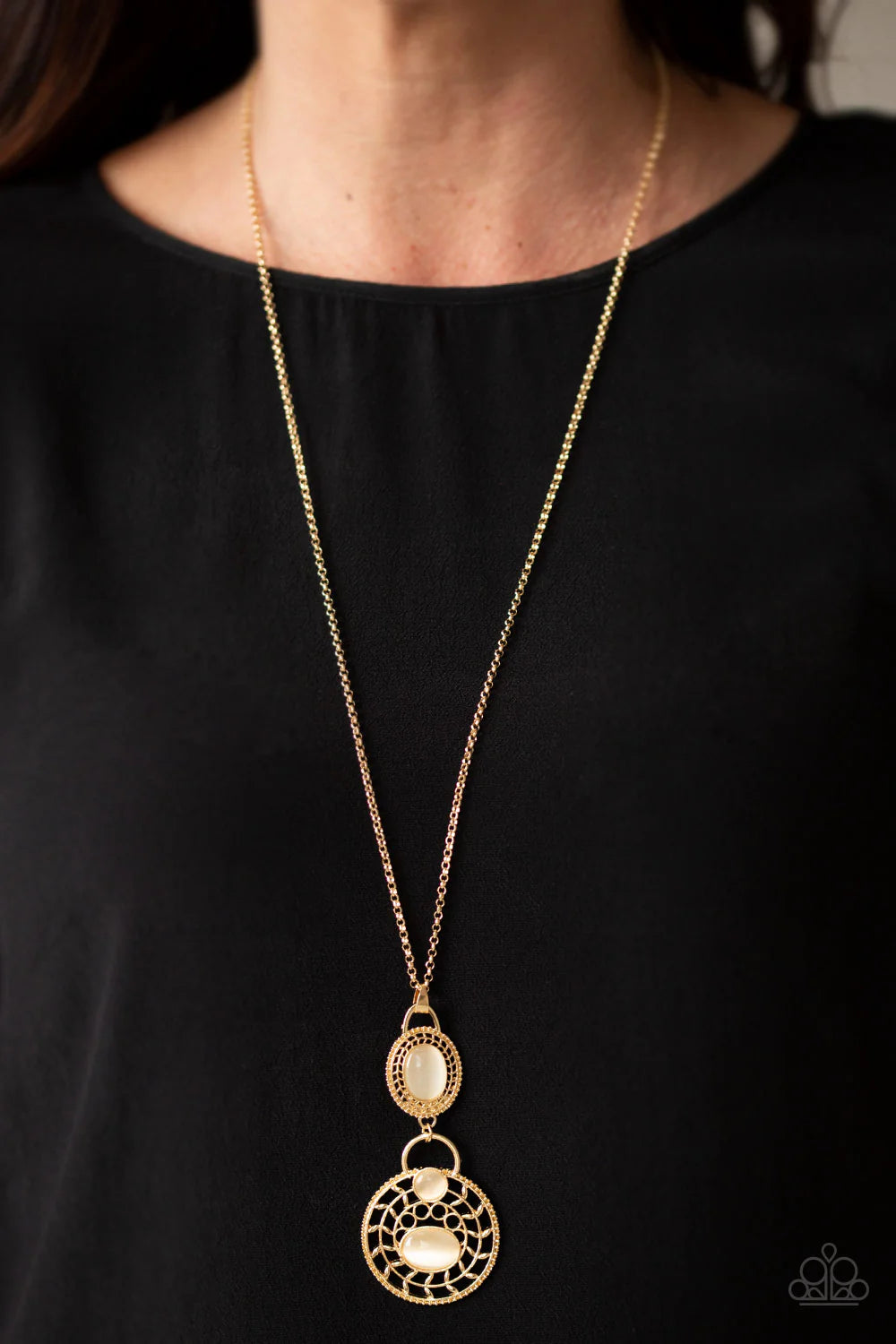 Hook, VINE, and Sinker - Gold Dotted/Studded Cat's Eye Moonstone Swirl Vine Filigree Accent Necklace N#7142