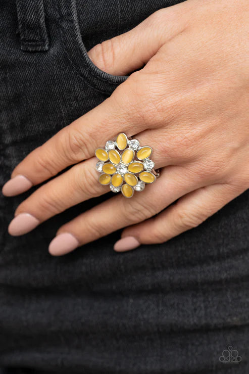 Hopes and GLEAMS - Yellow Floral Encrusted Cat's Eye Moonstone Stacked Ring R#808