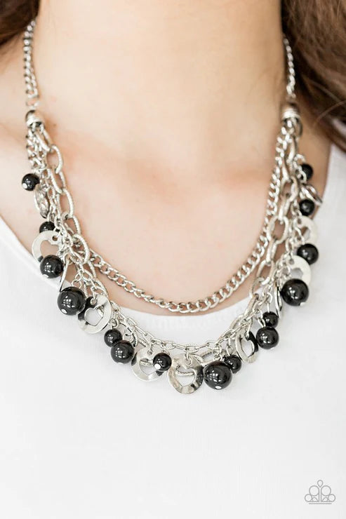 Hoppin Hearts - Black Pearl Airy Heart Cut-Out Trio Mismatched Hammered Fringe Necklace N#6363