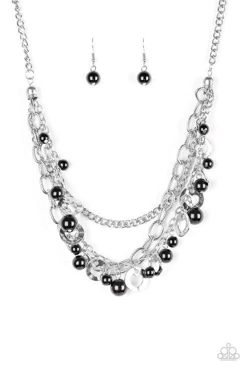 Hoppin Hearts - Black Pearl Airy Heart Cut-Out Trio Mismatched Hammered Fringe Necklace N#6363