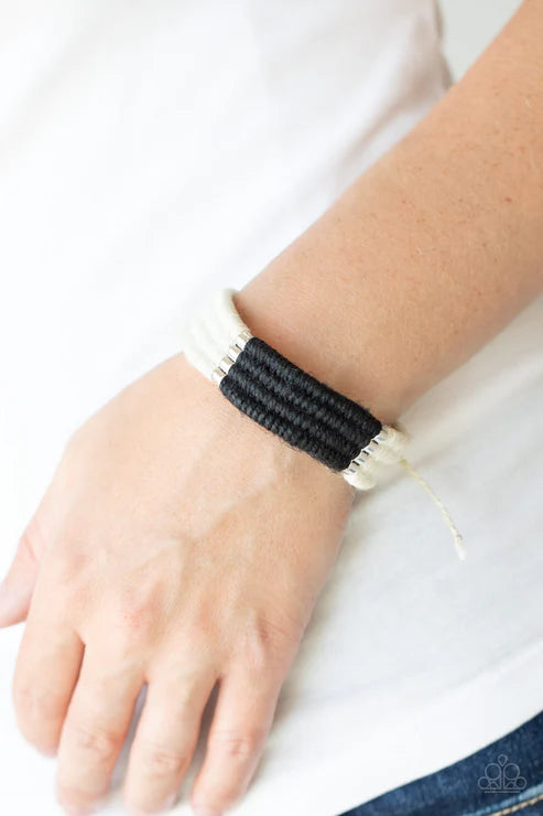 Hot Cross BUNGEE - Black/White Metallic Twine Knotted Cord Sliding Knot Urban Bracelet B#4261