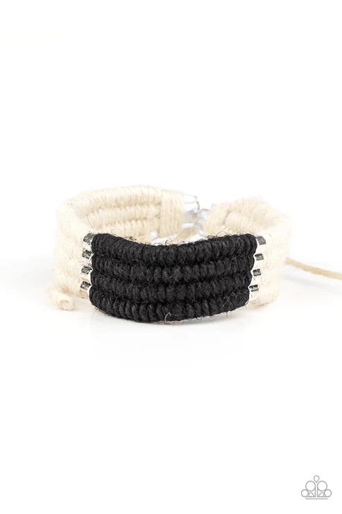 Hot Cross BUNGEE - Black/White Metallic Twine Knotted Cord Sliding Knot Urban Bracelet B#4261