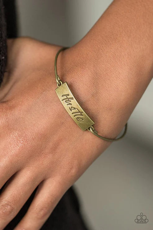Hustle Hard - Brass Engraved "Hustle" Plate Bangle Bracelet B#6190