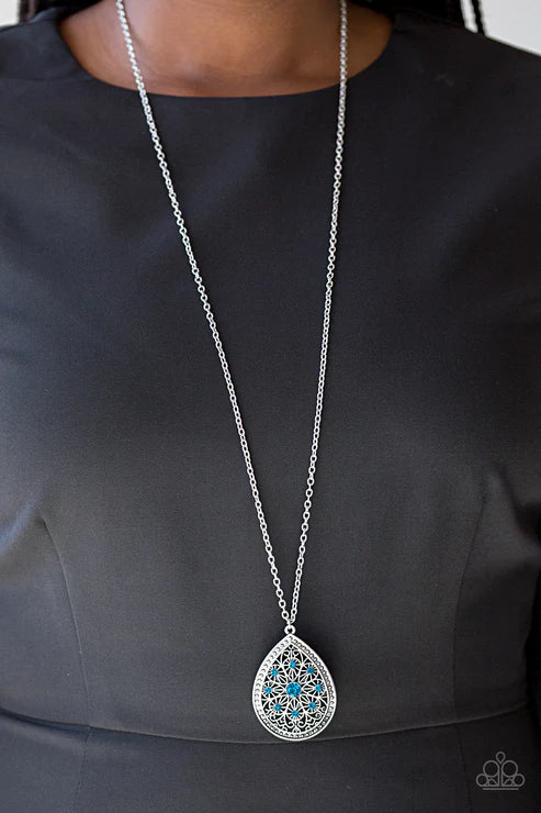 I Am Queen - Oversized Dramatic Blue Encrusted Filigree Floral Teardrop Pendant Necklace N#6137