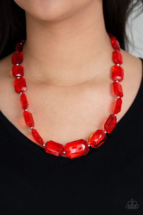 ICE Versa - Oversized Red Infused Glassy Emerald-Cut Draped Necklace N#2928