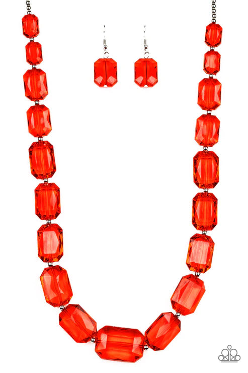 ICE Versa - Oversized Red Infused Glassy Emerald-Cut Draped Necklace N#2928