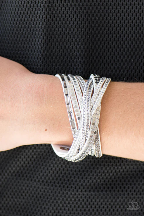 I Came To Slay - Oversized White Smoky Elongated Mishmash Flat Emerald-Cut Suede Double Wrap Adjustable Snap Closure Bracelet B#4213