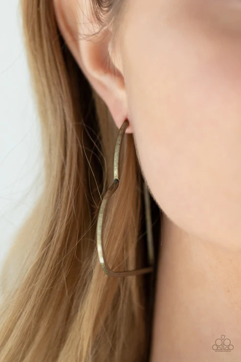 I HEART a Rumor - Oversized Brass Rustic Antiqued Flat Airy 3D Heart Hoop Earrings E#2767