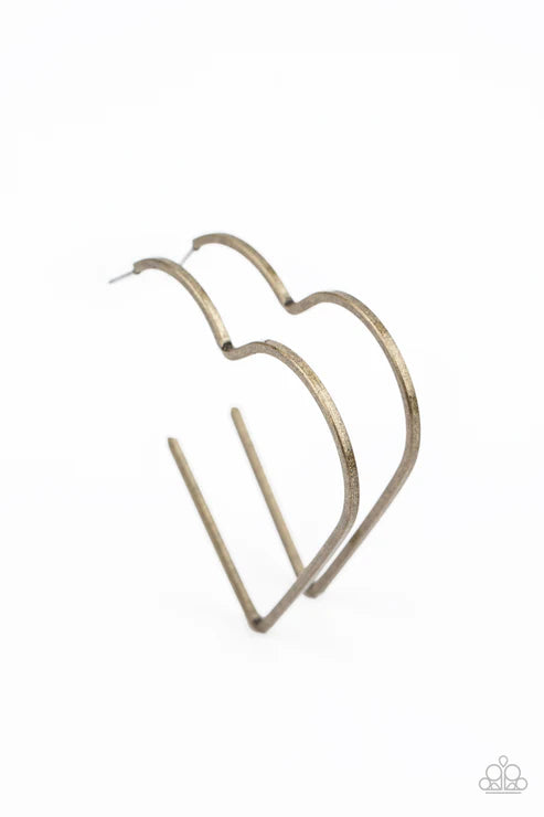 I HEART a Rumor - Oversized Brass Rustic Antiqued Flat Airy 3D Heart Hoop Earrings E#2767