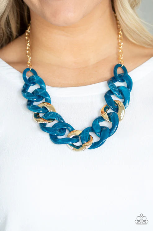 I Have A HAUTE Date - Blue/Gold Faux Marble Smoky Metallic Links Necklace N#3588