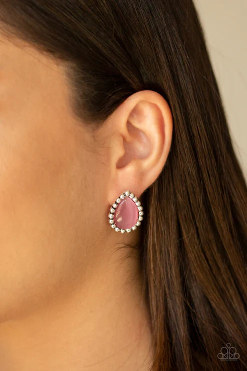 I Wanna GLOW - Pink Cat's Eye Moonstone Studded Teardrop Earrings E#2850