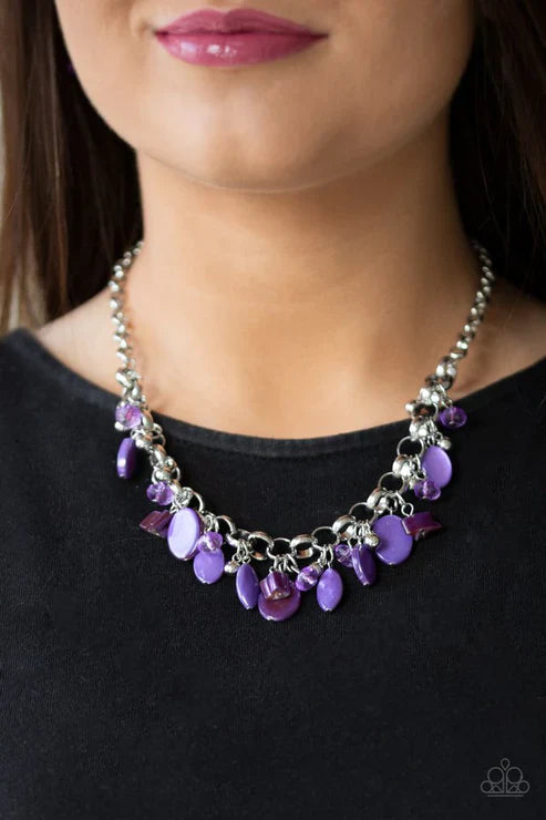 Purple Crystal Shell Fringe - Purple Shell-like Crystal-like Whimsical Fringe Necklace N#7413