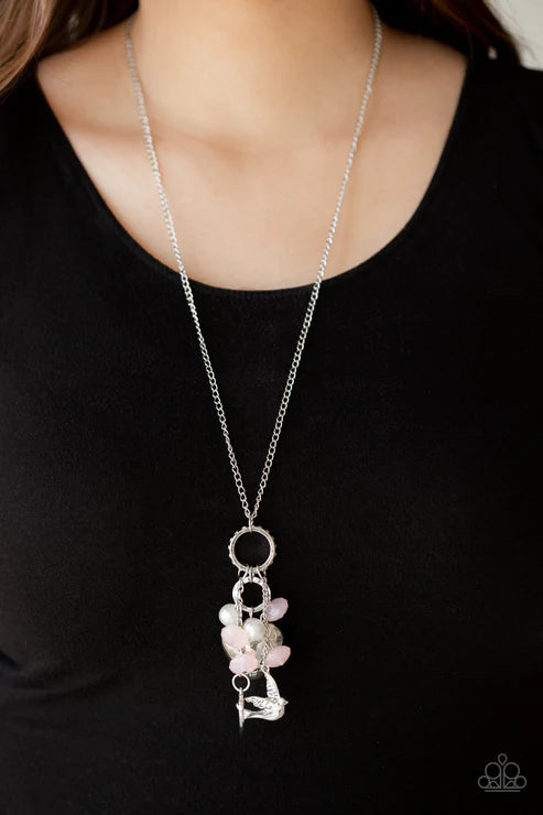 I Will Fly - Oversized Pink Opaque/White Pearl Crystal 3D Bird/Heart Charm Encrusted Necklace N#5552