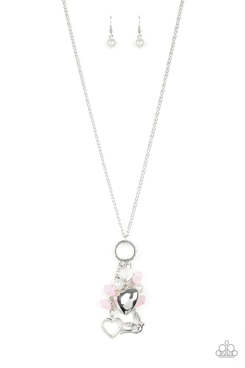 I Will Fly - Oversized Pink Opaque/White Pearl Crystal 3D Bird/Heart Charm Encrusted Necklace N#5552