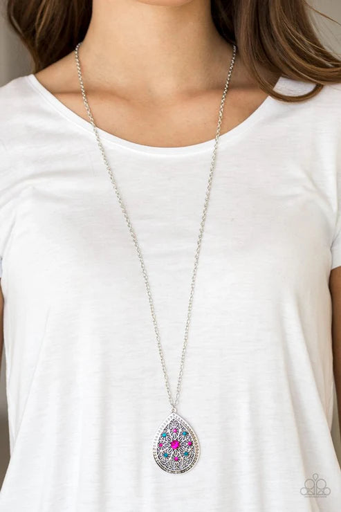 I Am Queen - Oversized Dramatic Multi (Blue/Pink) Encrusted Filigree Floral Teardrop Pendant Necklace N#7286