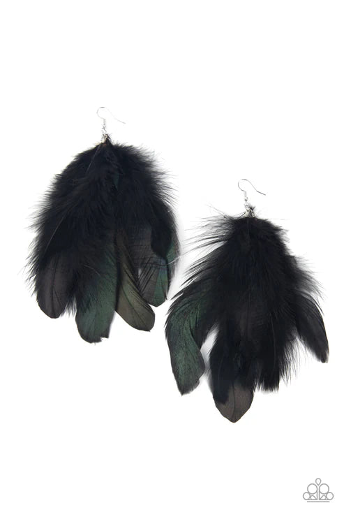 I BOA to No One - Oversized Black Sleek Iridescent Feathers Fringe Earrings E#6774